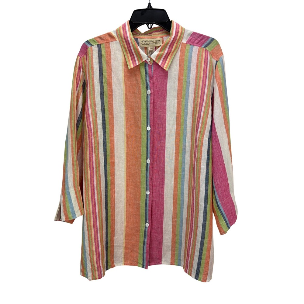 Jones New York Country Linen Striped Multi Colored Button Down Shirt 18W Capsule